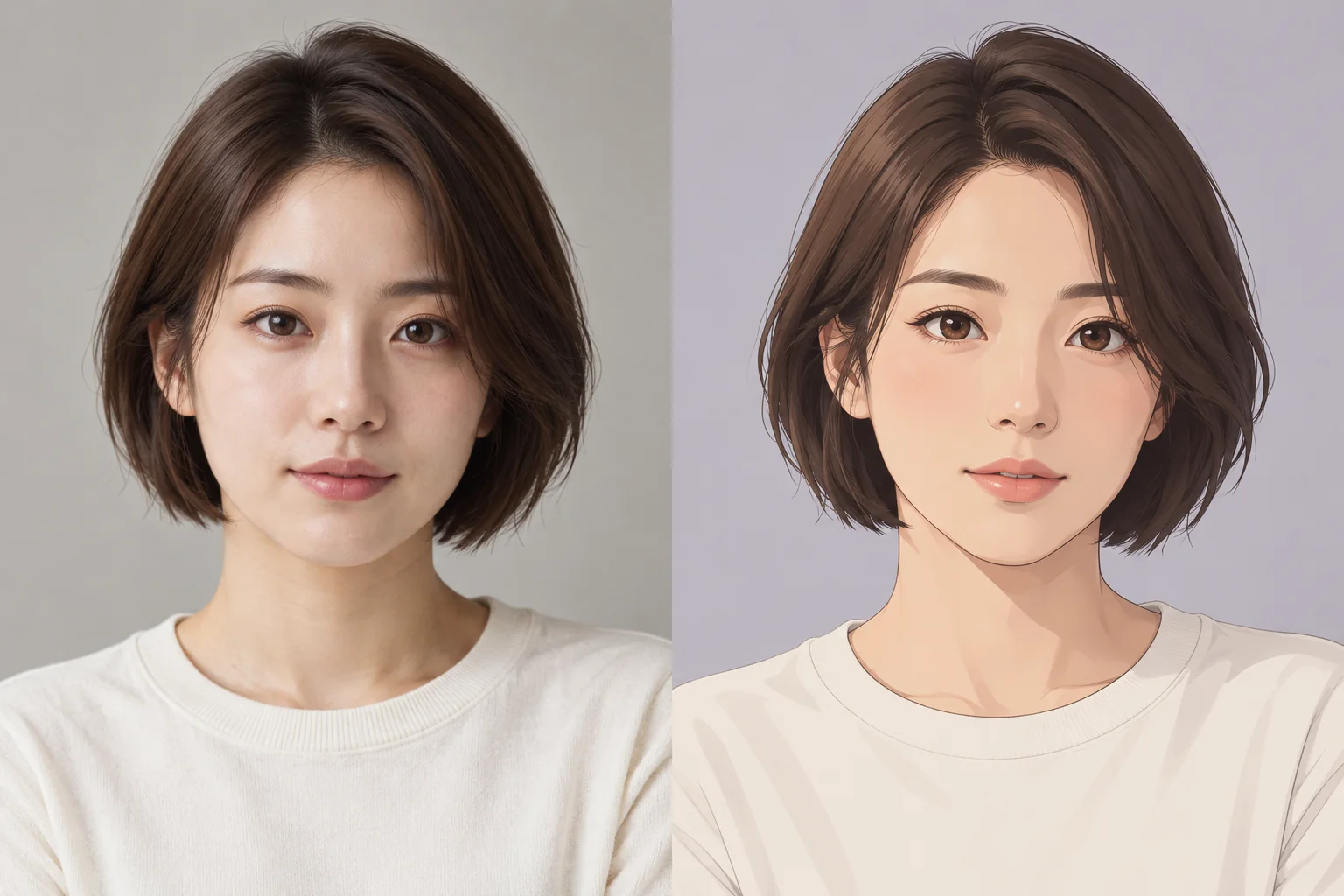 Illustrative before and after: anime portrait